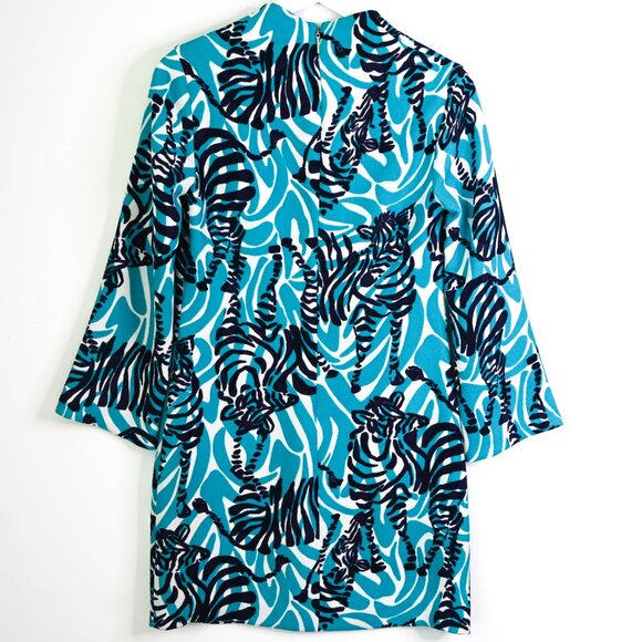 LILLY PULITZER Navy Teal White Zebra Print Long Sleeve Shift Dress - Size 2 - Picture 7 of 12